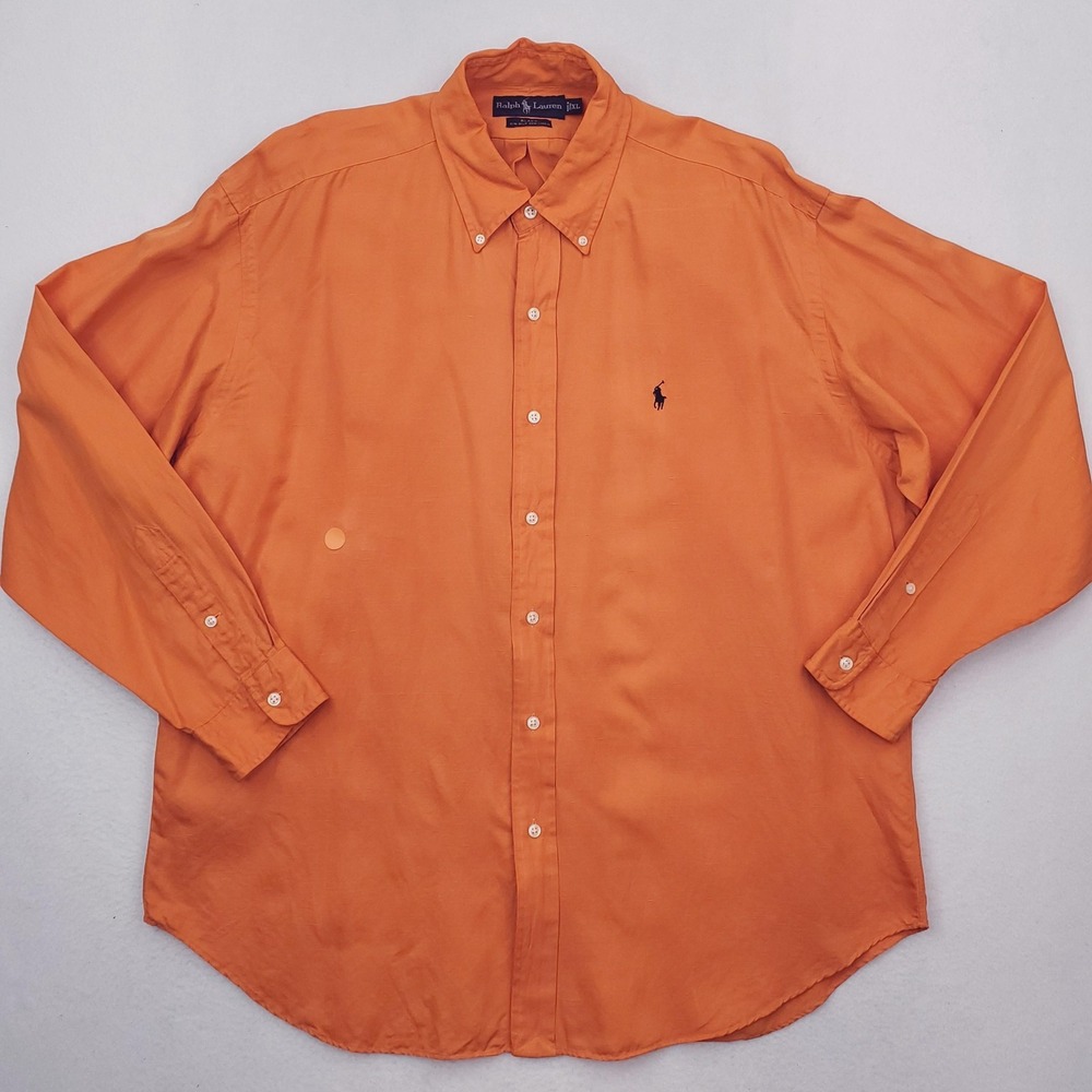 Vintage Ralph Lauren Shirt Mens XL Orange Silk Linen Button Down Long Sleeve Y2K